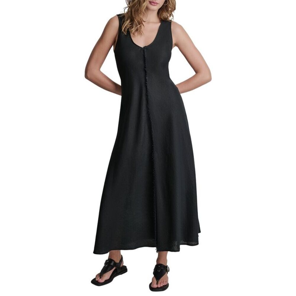 Dkny Womens  V-Neck Fray Seam Linen Dress, Black